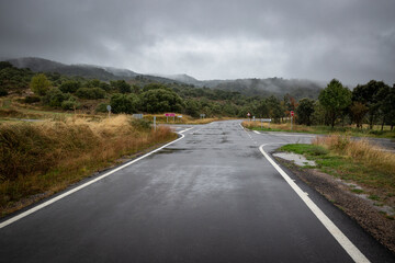 an asphalt crossroad at Bernués, municipality of Jaca, Jacetania, province of Huesca, Aragon, Spain