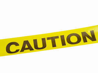Be careful - black lettering on yellow plastic tape. Isolated on a white background. Warning fence,...