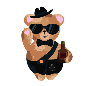 Teddy bear in a hat and black glasses with a bottle of honey.