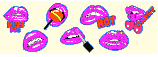 Funny comic cute lips sticker set. Modern illustration for poster, postcard or background. Pop art lips vector illustration