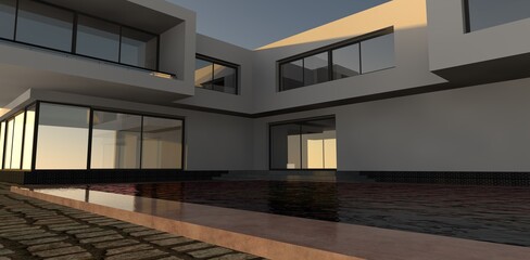 High tech luxury house at the time of sunrise. 3 d render. Very good banner for the suburban real estate constructing companies. 