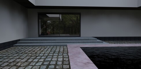 Lyxury real estate. Entrance to the building with transparent doors from the yard. 3d render. Good for resources about contemporary real estate design. 