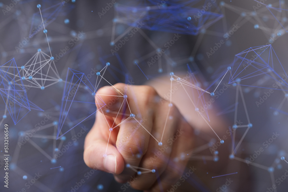 Poster Global network. Blockchain. 3D illustration. Neural networks and artificial intelligence. Abstract
