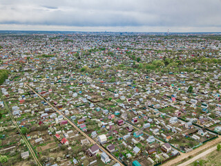 An aerial view of the suburban area of Kazan. Dacha plots. Suburban real estate. 