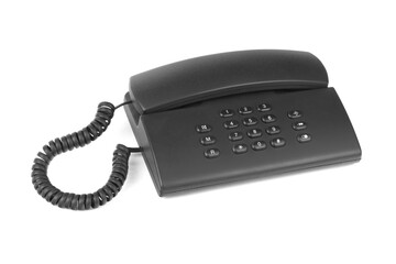 Schwarzes analoges Telefon freigestellt / isoliert vor wei&szlig;em Hintergrund