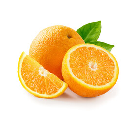 Tasty orange with half of orange and orange slice isolated on white background.