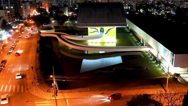 Urban Aerial Night Historic Center At Curitiba Parana Brazil. Landmark Sunset Building. Outdoor Dark. Cityscape Asia Destination. Night Vacations Business Travel. Curitiba Parana
