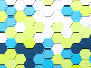 Abstract blue and green hexagon background. Colorful honeycomb pattern concept. Close up of hex geometric structure. 3D rendering. 3D illustration