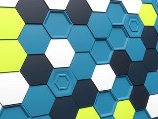 Abstract blue and green hexagon background. Colorful honeycomb pattern concept. Close up of hex geometric structure. 3D rendering. 3D illustration