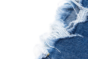 Frayed ripped jeans on a white background. Denim frame with empty space for inscription