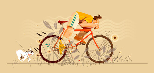 Fototapeta premium Man bicycles through tall grass and dog running after with his tongue hanging out. Modern flat cartoon vector illustration for poster, banner, card, postcard, event icon logo or badge.