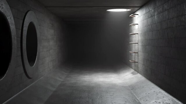 Walk through a dark sewer tunnel illuminated from above and exit by stairs, 3d render