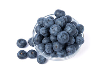 Blueberry. Ripe and fresh blueberries in a plate isolated on white background. Vitamins. Healthy food. Juicy berry. Copy space. Place for text