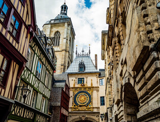Stunning view of Rue du Gros Horloge (Great Clock), a 14th century astronomical clock located in the historic city center of Rouen, Normandy, France
