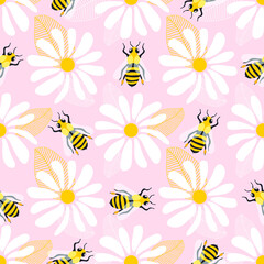 Wild chamomile flowers and honey bees. Seamless summer pattern with big white flowers and insects on a pink background. For printing on modern fabrics. Vector.