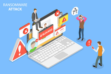 3D Isometric Flat Vector Conceptual Illustration of Ransomware Attack, System Hacked, Warning Alert Message