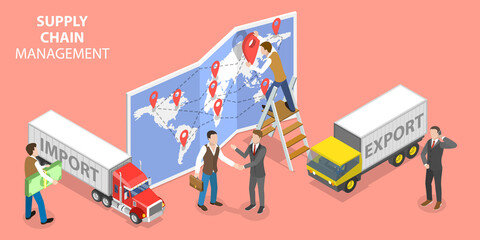 3D Isometric Flat Vector Conceptual Illustration of Supply Chain Management, Goods Import and Export
