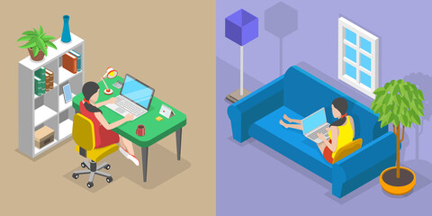 3D Isometric Flat Vector Conceptual Illustration of Working From Home Vs. Office, Advantages and Disadvantages - obrazy, fototapety, plakaty