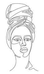 Silhouettes of the girl's head. Lady in a turban, scarf. Woman face in modern one line style. Solid line, contour for decor, posters, stickers, logo. Vector illustration.