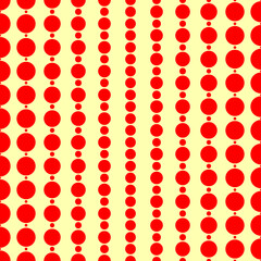 Surface pattern with symmetric geometric ornament. Round spots texture. Red circles abstract on yellow background. Polka dot motif. For digital paper, textile print, web design. Vector illustration