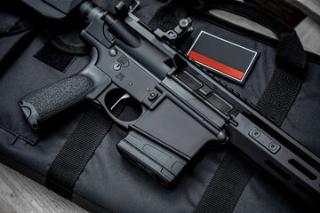 Modern carabiner and case for transportation and storage. Weapons for police, special forces and...