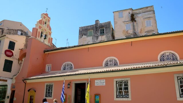 St John Forerunner, St Paraskevi and St Dionysios Church in Corfu city, Corfu Island, Greece, 4k