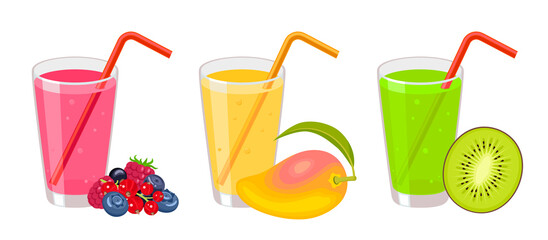 Juice set. Vector cartoon illustration of sweet mango, kiwi and berries with tube for drinking. Taking natural vitamins. Summer drink flat icon.