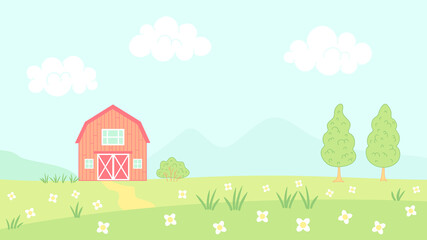 Vector illustration of barn in farm. Vector illustration farm landscape for children book.