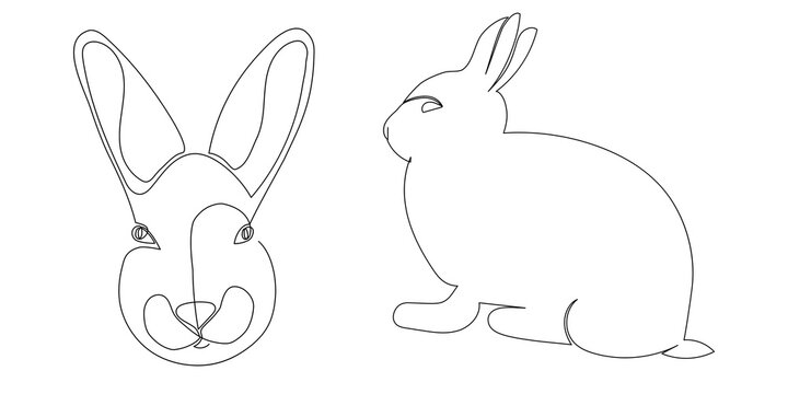 Vector rabbit set in a simple one-line style. Colored rabbit icon. Continuous linear drawing of the Easter bunny is a black and white minimalist hand-drawn vector illustration.