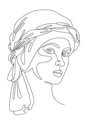 Silhouettes of the girl's head. Lady in a turban, scarf. Woman face in modern one line style. Solid line, contour for decor, posters, stickers, logo. Vector illustration.