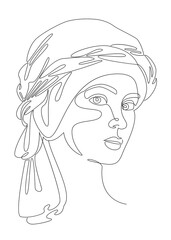 Silhouettes of the girl's head. Lady in a turban, scarf. Woman face in modern one line style. Solid line, contour for decor, posters, stickers, logo. Vector illustration.