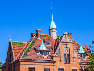 Zelenogradsk, Russia, June 11, 2022. Typical architectural ensemble in the area of ​​historical urban development. Fragment of facade of typical house