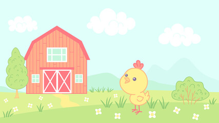 Obraz na płótnie Canvas Vector illustration of chick in kawaii style on farm. Vector illustration for children with little bird near red barn.