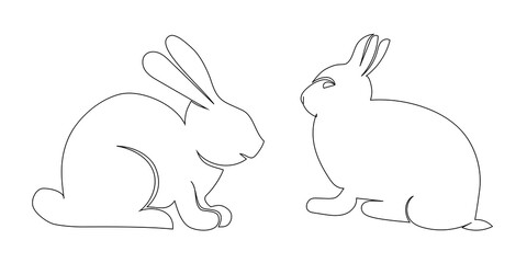 Vector rabbit set in a simple one-line style. Colored rabbit icon. Continuous linear drawing of the Easter bunny is a black and white minimalist hand-drawn vector illustration.