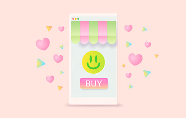 Fototapeta na wymiar Vector illustration of phone for shopping online with emoji for website or mobile application. 3D Concept digital marketing.