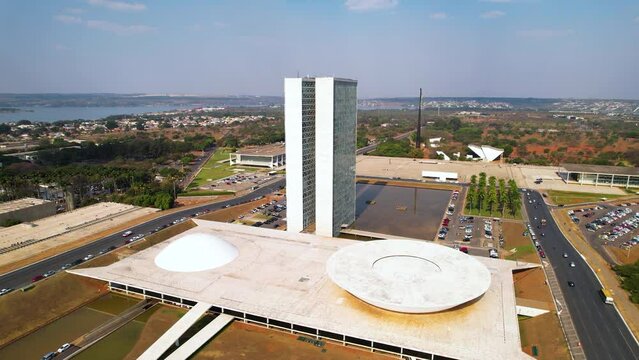 City Aerial Historic Center At Brasilia National Congress Brazil. Sports Of Latin America City Landscape. Outdoors High Angle View. Cityscape Top Down Center.