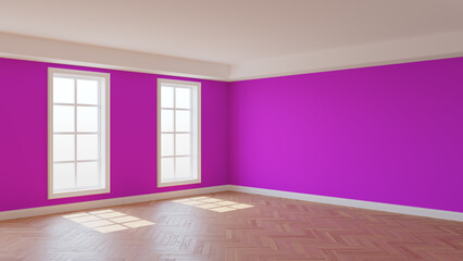 Beautiful Sunny Corner of the Interior with Pink Walls, White Ceiling and Cornice, Glossy Herringbone Parquet Flooring, Two Large White Windows and a White Plinth. 3d render. Ultra HD 8K 7680x4320