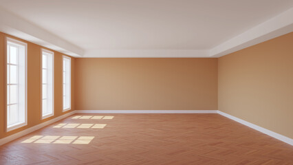 Beautiful Sunny Interior with Beige Walls, Three Large Windows, White Ceiling Cornice, Glossy Herringbone Parquet Floor and a White Plinth. 3D render with a Work Path on the Windows. 8K Ultra HD © SK-Studio