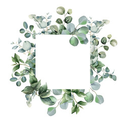 Eucalyptus square border. Floral frame. Watercolor illustration isolated on white. Greenery clipart for wedding invitation, greeting cards, decoration, stationery design. Hand drawn green herbs