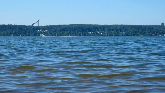 Summer landscape, lake "Vesi J&auml;rvi" speedboats and sailboats Lahti, Finland.