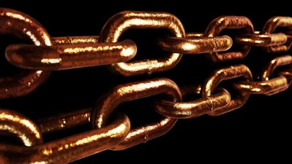 Realistic looping 3D animation of the opposite moving forged gold chains rendered in UHD with alpha matte