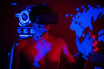 metaverse and technology, man in virtual reality universe with vr glasses headset, futuristic background studio shoots, meta verse and wearable technology