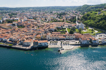 Aerial view of the city of Arona and Lake Maggiore, Italy.