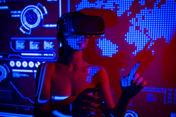metaverse and technology, woman in virtual reality universe with vr glasses headset, futuristic background studio shoots, meta verse and wearable technology