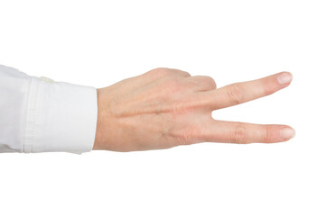 Hand showing the sign of victory and peace. Close up of female hand showing victory sign isolated on white background. Woman hand gesturing peace sign.
