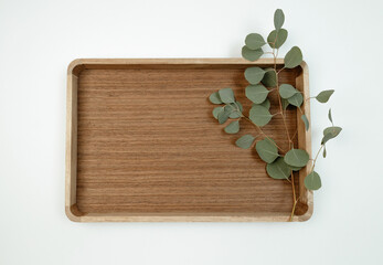 Wooden tray with eucolyptus branch