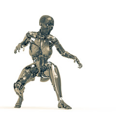 cyborg female comic looking down in a white background