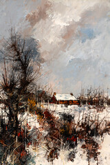Oil painting close-up of a rural landscape in winter. Christmas Holiday concept.