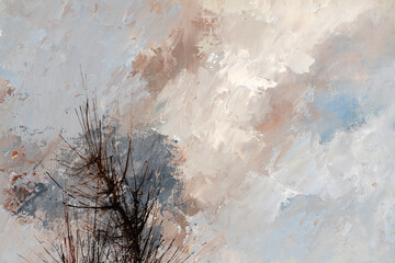 Oil painting close-up of a a winter sky and tree. Abstract paintbrush.