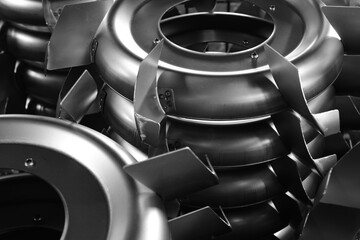 Blower Parts Produced by Sheet Metal Stamping Tool Die, Welded and assembled. Black-and-white photo.